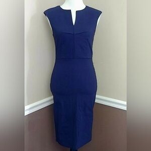 Navy Blue Knee-Length Notched V-Neck Modcloth Sheath Dress by London Size 6 & 8
